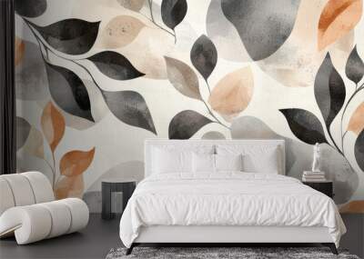 A painting of leaves and branches with a brown and black color scheme Wall mural