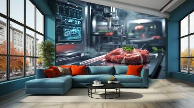 A piece of meat is being cooked in a futuristic kitchen. The meat is surrounded by a green herb, and the kitchen is filled with smoke. Concept of modernity and innovation in the way food is prepared Wall mural