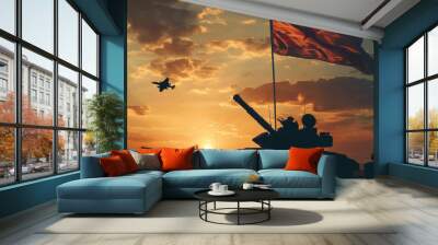 A red flag is flying over a tank in the sky Wall mural