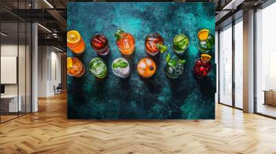 A row of drinks with a variety of flavors including orange, cranberry, and blueberry. The drinks are served in tall glasses with ice and garnishes Wall mural