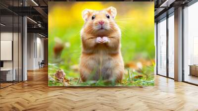 A small brown hamster is standing in the grass with its paws raised Wall mural