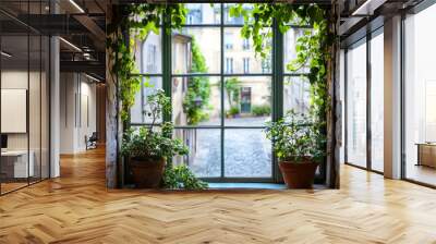 A window with ivy growing out of it and two potted plants on the windowsill Wall mural