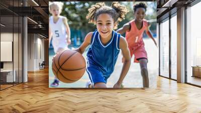 A young girl is playing basketball with her friends Wall mural