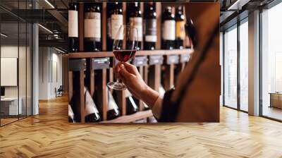 Bartender or male cavist standing near the shelves of wine bottles holds a glass of wine, looks at tint and smells flavor of wine in glass. Wall mural