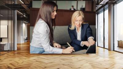 Brunette girl arranging meeting with female lowyer or tax advisor at office. Blonde tax consultant advising client while pointing at laptop screen. Wall mural