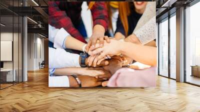 close up vertical shot of multiracial stack of hands.unity of nations concept. friendship among ethnic groups Wall mural