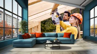 contractors in work wear using electric drill. Home renovation, sustainable living, building cottage house. Building Technologies. Industrial Theme. Two builders in uniform and hardhat work as team Wall mural