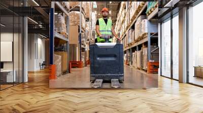 Forklift driver in warehouse. freight transport, Warehouse industrial delivery shipment, caucasian male pushing transport equipment, dressed in green uniform vest and safety helmet Wall mural