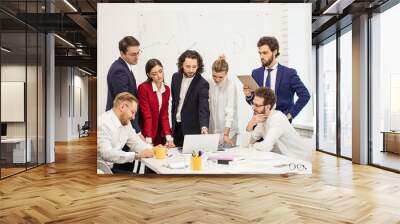 professional business team gathered in office to talk, discuss business project, communicate with each other, plan their work for future week Wall mural