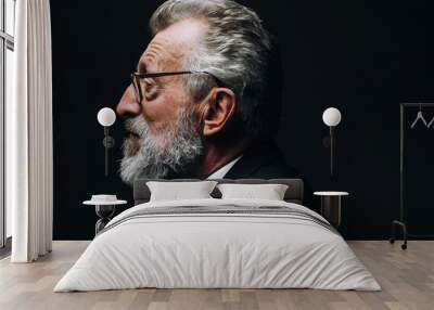 Profile headshot of intelligent bearded grey haired scientist listening report, dressed in formal black suit, sitting isolated over dark Wall mural