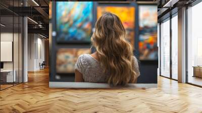 The paintings are colorful and abstract, and the woman is admiring them Wall mural