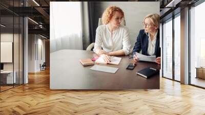 Two female human resources managers conducting job interview with woman applicant in office. Getting a new job concept Wall mural