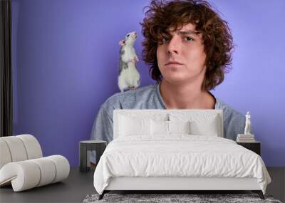 white rat sniffs and looks at curly hair of man, portrait of guy with decorative rodent isolated on purple background Wall mural