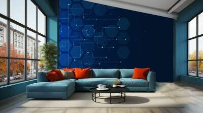 Abstract connect dots and lines with hexagons background. Big data visualization, global network connection and digital communication technology concept. Wall mural