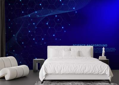 Abstract connecting dots and lines with wave flow. Big data visualization, social networking, global network connection and communication technology background. Wall mural