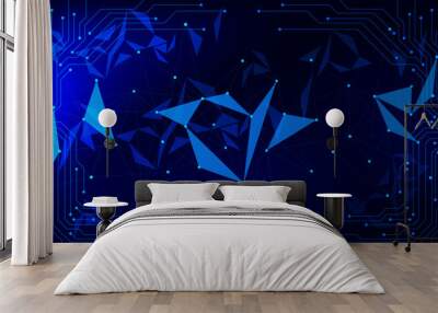 Abstract futuristic technology with circuit board and plexus. Digital network connection, communication and science on dark blue background. Wall mural