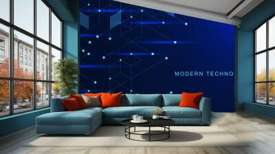 Abstract geometric square grid with glowing particles. Modern technology, big data visualization, network connection and communication background design concept. Wall mural