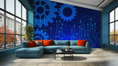 Gear wheel with electronic circuit board for mechanical engineering or hi-tech digital technology concept. Wall mural