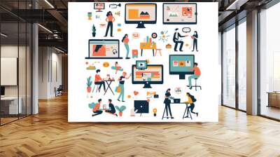 vector illustration of people using video in online learning Wall mural