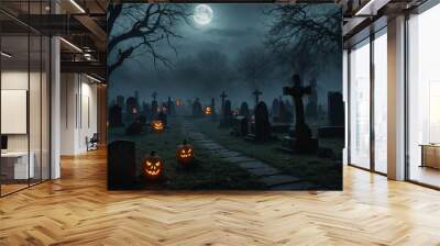 A foggy graveyard illuminated by a full moon, with glowing jack-o'-lanterns scattered among tombstones and crosses Wall mural