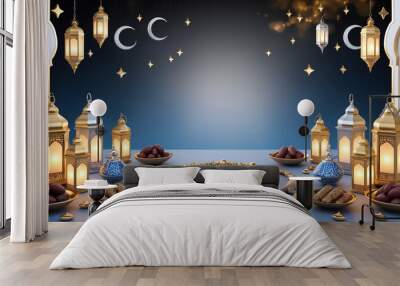 A serene Ramadan setup with crescent moons, stars, lanterns, ornate trays filled with dates and beads, and elegant Islamic architectural elements, creating a peaceful, spiritual ambiance. Wall mural