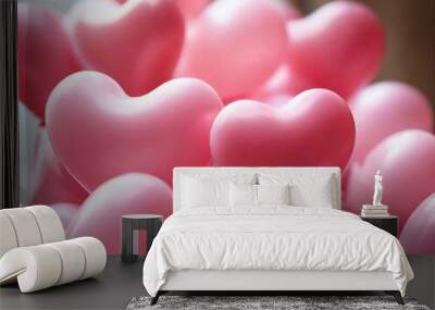 A close-up of pink heart-shaped balloons against a soft, blurry background Wall mural