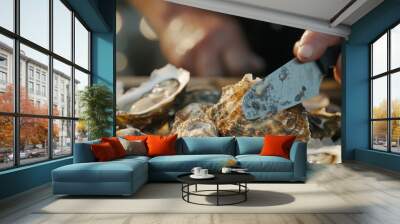 A detailed shot of fresh oysters being shucked with a knife Wall mural