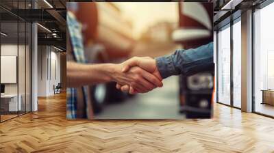 A truck driver warmly shakes hands with a fleet manager, symbolizing a successful partnership in the transportation industry. Wall mural