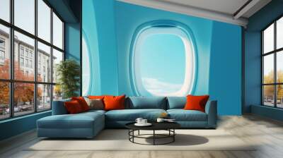 Airplane window concept Blue background, view from the window Wall mural