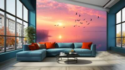 Birds gracefully soaring over a tranquil lake at dawn Wall mural