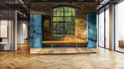 Blue metal storage lockers and the natural warmth of the wooden bench Wall mural