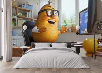 Cartoon potato character with a bright smile and expressive hands, wearing fashionable glasses, sitting on a chair at a modern computer desk Wall mural