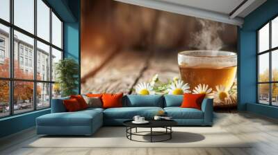 Chamomile Tea on Wooden Table with Steam Wall mural