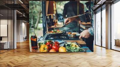 Close-up of a family cooking a meal together in the kitchen area of their motorhome during a holiday trip Wall mural