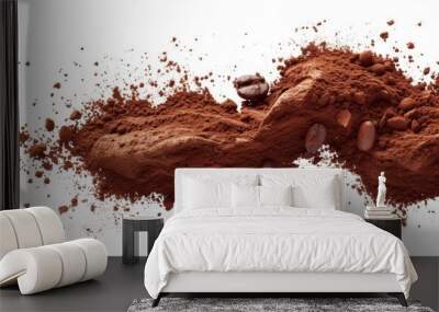 Cocoa or coffee powder being poured or in motion against a white background, Wall mural