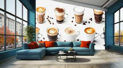 Collection of different types of coffee cappuccino, black coffee, latte, hot chocolate, isolated on white background Wall mural