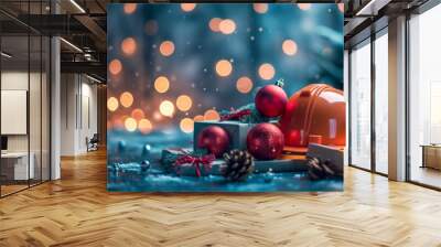 Construction helmet decorated with Christmas ornaments, lights and gift box Wall mural