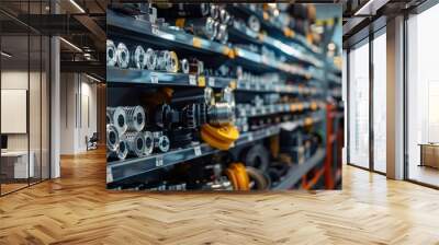 Details of different auto parts neatly arranged on display shelves in the store Wall mural