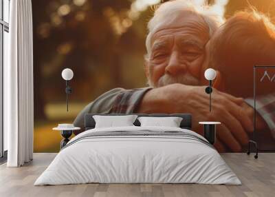 Elderly father and his adult son hugging each other outdoors Wall mural