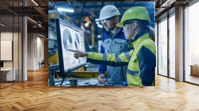 Factory Workers Analyzing Data on Computer Screen Wall mural