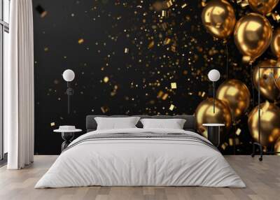 Falling confetti and shimmering golden balloons on a dark black background Wall mural