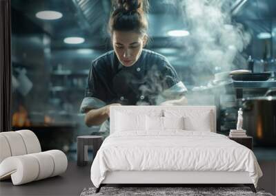 Female chef in a professional kitchen as she meticulously prepares an elaborate dish Wall mural