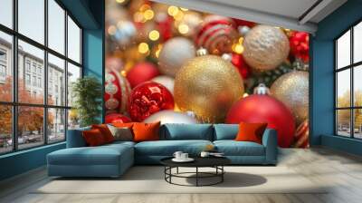 festive christmas decorations, including sparkling ornaments, twinkling lights and colorful garlands Wall mural