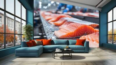 Fresh sea fish moving along a conveyor belt in a modern food processing plant Wall mural