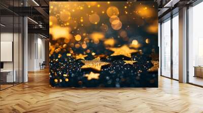 Golden glittering stars on a dark, contrasting background Wall mural