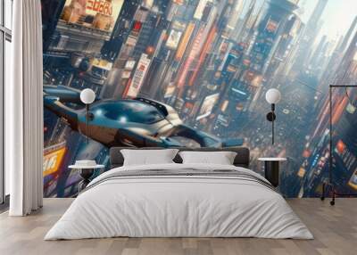 High tech metropolis with flying vehicles and digital infrastructure, depicting a visionary future city Wall mural