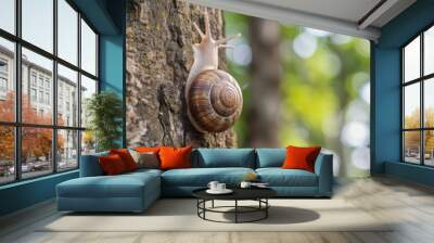 Large grape snail crawling on a tree trunk Wall mural