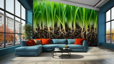 lush green grass with its roots and soil, showcasing the intricate details of nature Wall mural