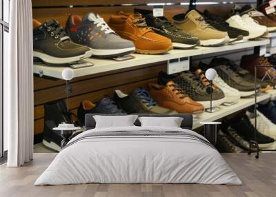 Men and women shoes displayed on a shelf in a store Wall mural