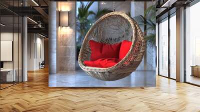 Modern Interior Design with Hanging Wicker Chair and Red Cushions Wall mural